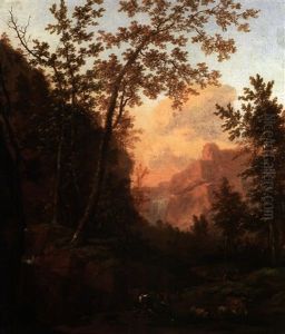Arkadische Gebirgslandschaft Im Abendlicht Mit Blick Auf Fels Mit Katarakt, Im Vordergrund Hirten Mit Herde