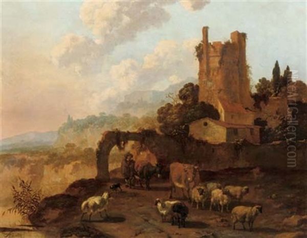 An Italianate Landscape With A Herdsman And His Flock Passing By A Ruined Building - view 1