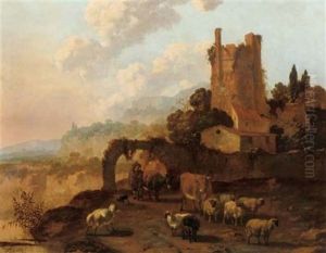 An Italianate Landscape With A Herdsman And His Flock Passing By A Ruined Building thumbnail