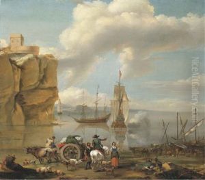 A Coastal Landscape With A Horseman, A Wagoner, Herdsmen And Stevedores, Three-masters And Mountains Beyond