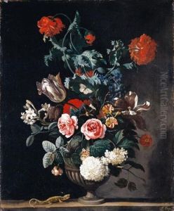 Still Life Of Flowers, Including Roses, Tulips And Chrysanthemums, In A Stone Vase With Butterflies And A Lizard