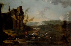 Drovers With Cattle And Sheep Fording A Stream With Ruins Beyond by Abraham Jansz. Begeyn