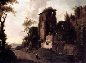 An Italianate Landscape With Figures And Their Donkies Resting Before Ruins