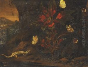 Lezard Et Papillons Au Pied D'un Arbre by Abraham Jansz. Begeyn