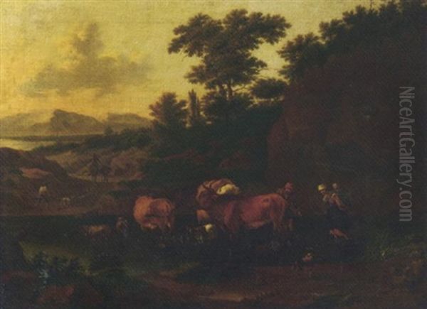 Peasants With Cattle And Sheep Fording Across A Stream - view 1