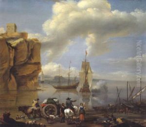 Sudliche Kustenlandschaft Mit Ochsenkarren, Einem Reiter, Anderen Figuren, Tieren Und Einer Fregatte