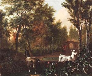 Parklandschaft Mit Ziegen Vor Einem Brunnen by Abraham Jansz. Begeyn