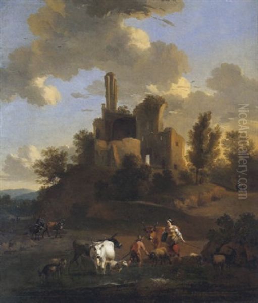 Sudliche Landschaft Mit Hirten Und Herde Vor Einer Burgruine - view 1