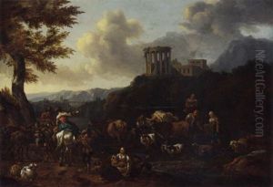An Italiante Landscape With Drovers Fording A River, The Temple Of The Sibyl At Tivoli Beyond