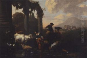 An Italianate Landscape With Maids And A Herder Tending Their Sheep And Cattle At A Watering-hole