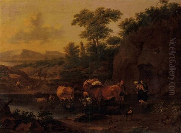 An Italianate Landscape With Herdsman And Cattle Crossing A River - view 1