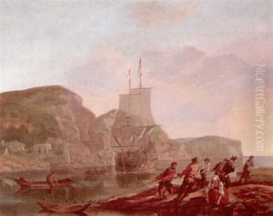A Rocky Coastal Scene With Fishermen And A Man-of-war At Anchor