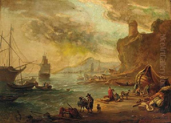 A Mediterranean Coastal Inlet With A Moored Man-o'-war - view 1