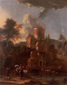An Evening Italianate Landscape With Cowherds, A Shepherdess And Their Livestock Fording A River Beside Roman Ruins