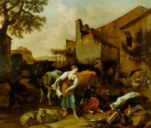 Shepherds With Their Cattle Sheep And Goats Near A Farm by Abraham Jansz. Begeyn
