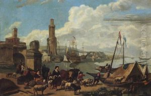 A Port Scene With Figures Loading Sheep And Cattle Onto Small Boats By A Quayside, With Vessels Beyond