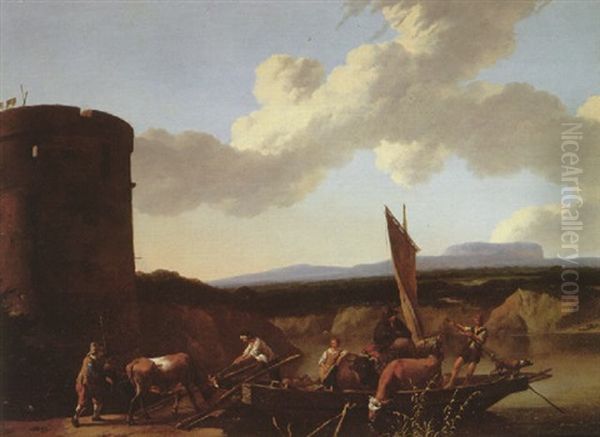 An Italianate River Landscape With Peasants Loading Cattle On To A Ferry, Mountains Beyond - view 1