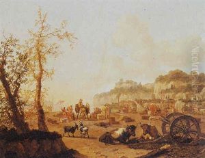 A View Of A Mediterranean Harbour With Cattle And Goats, A Cannon And Figures Unloading Ships Beyond by Abraham Jansz. Begeyn