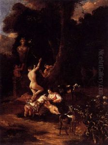 Pastoral Landscape With Nymphs, A Satyr And A Shepherdess With Her Flock And Cupids, A Statue Of The Goddess Diana Nearby by Abraham Jansz. Begeyn