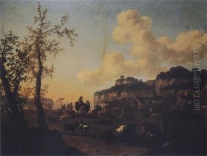 A View Of A Mediterranean Harbor With Cattle And Goats, A Cannon And Figures Unloading Ships Beyond