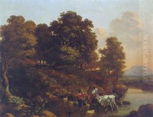 An Evening Italianate Landscape With Shepherdesses Watering Their Livestock In A River Beside A Wood With Mountains Beyond by Abraham Jansz. Begeyn