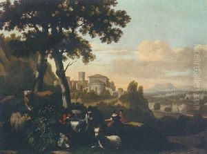 An Italianate Landscape With Cattle, Goats And Sheep Resting Beneath A Tree, A Fortified Town Beyond by Abraham Jansz. Begeyn