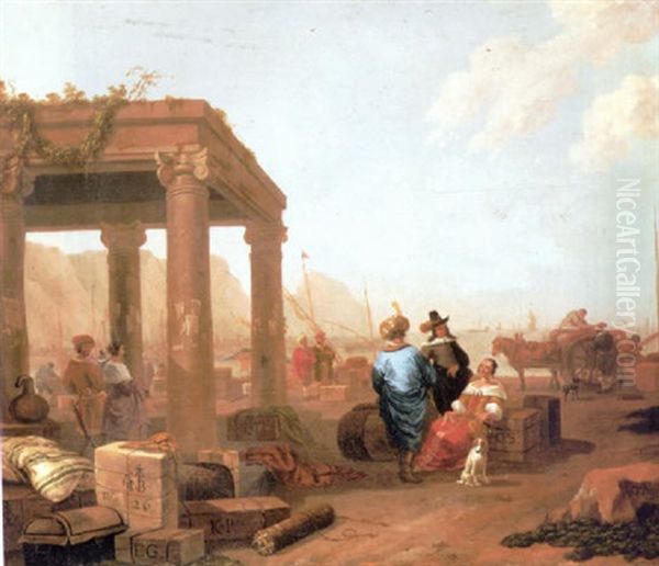 A Mediterranean Harbour Scene At Sunset With Merchants Resting Among Cargo On The Quayside - view 1