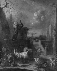 Volatiles Et Chevre Au Pied De L'escalier D'un Parc