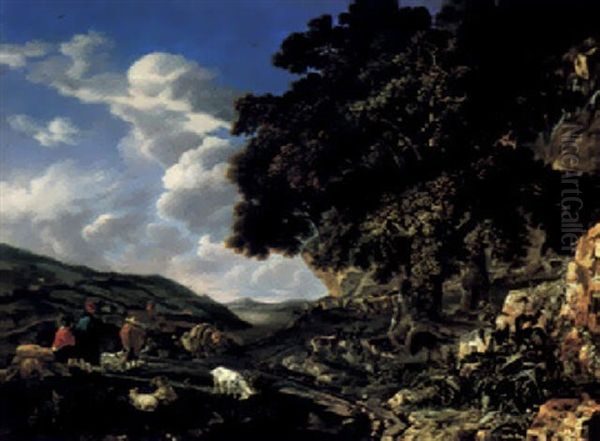 An Italianate Wooded Landscape With Travellers And A Herd By A Path - view 1