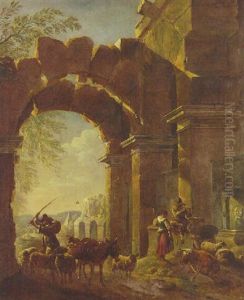 Drovers Beneath A Ruined Archway By A Fountain