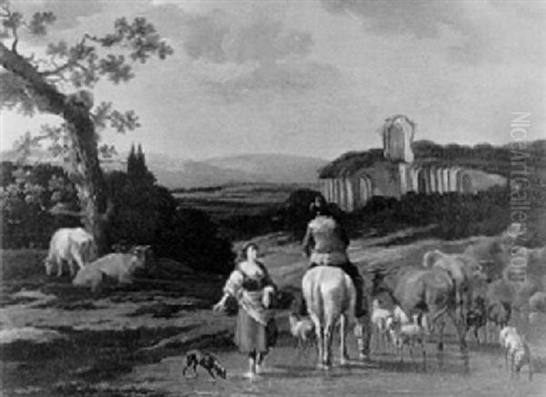 A Shepherd Covering With A Peasant Woman, In An Italianate Landscape, A Classical Ruin Beyond - view 1