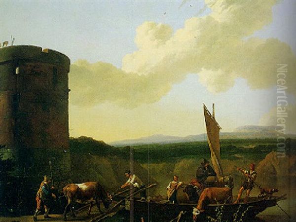 An Italian River Landscape With Peasants Loading Cattle Onto A Ferry - view 1