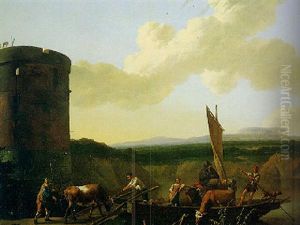 An Italian River Landscape With Peasants Loading Cattle Onto A Ferry by Abraham Jansz. Begeyn