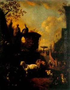 Scene De Parc Italien Avec Un Escalier, Animaux Et Chevres by Abraham Jansz. Begeyn