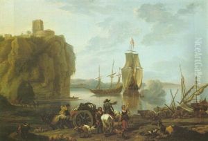 Coastal Landsape With Figures On The Shore, A Dutch Man-of-war And Others Boats In The Bay by Abraham Jansz. Begeyn