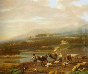 A Cowherd With Cattle On A Road By A Lake