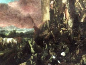Landscape With A Tree And Butterflies, A Herdsman Driving His Cattle Through A Stream Beyond by Abraham Jansz. Begeyn