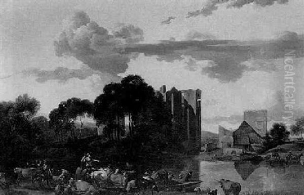 Landschaft Mit Einer Flussfaehre Vor Einer Ruine - view 1