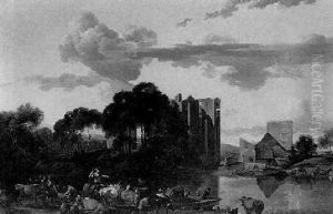 Landschaft Mit Einer Flussfaehre Vor Einer Ruine