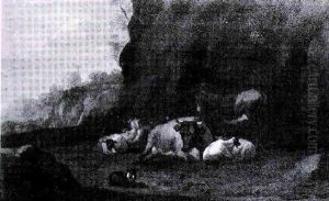 A Rocky Landscape With A Donkey And Livestock Resting by Abraham Jansz. Begeyn