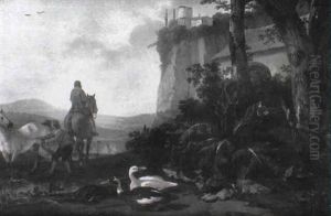 Horsemen Watering Their Mounts, With Ducks Near An Italianate Villa