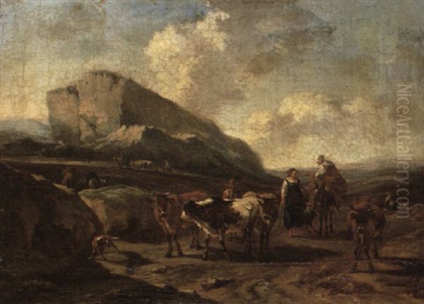 Cowherds Driving Their Livestock On A Rocky Path - view 1