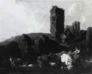 Southern Landscape With Cattle And Sheep Watering Near Ruins by Abraham Jansz. Begeyn