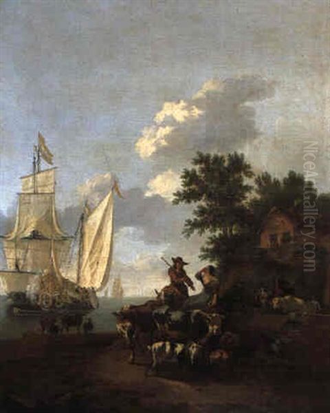 Coastal Landscape With A Cowherd And Shepherdess Unloading Livestock - view 1