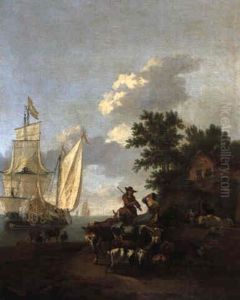 Coastal Landscape With A Cowherd And Shepherdess Unloading Livestock
