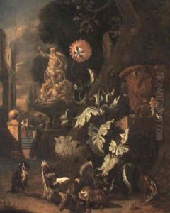 Poppies Growing At The Foot Of A Tree With Dogs Near A Fountain by Abraham Jansz. Begeyn