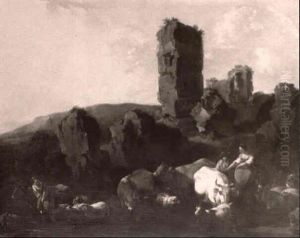 A Southern Landscape With Cattle And Sheep Watering Near Ruins by Abraham Jansz. Begeyn