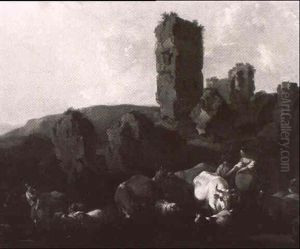 Hirten Mit Vieh In Berglandschaft Mit Einer Burgruine Rechts