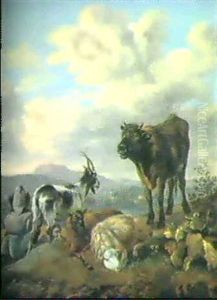 Hirten Mit Schafen, Kuh Und Ziege by Abraham Jansz. Begeyn