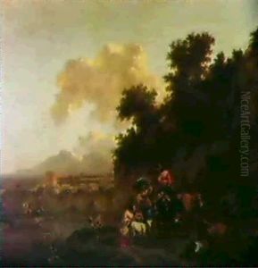 Peasants Resting With Their Livestock At A River's Edge     Along Which A Ferryman Steers His Craft... by Abraham Jansz. Begeyn